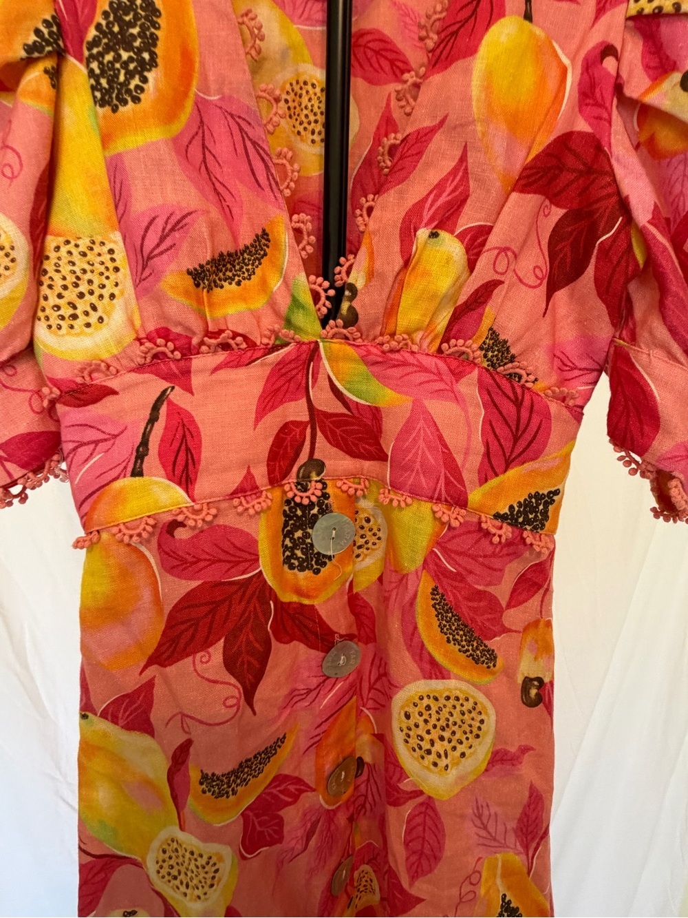 Farm Rio Pink Tropical Fruit Print Linen Blend Midi Dress XS Puff Sleeve READ - Picture 6 of 14